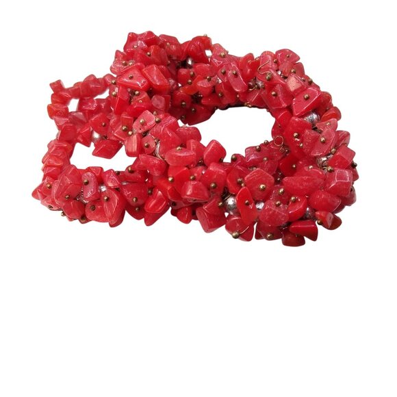 Vintage Coral Cluster Necklace, Bright Red Chips on Bib Strand - Picture 5 of 5